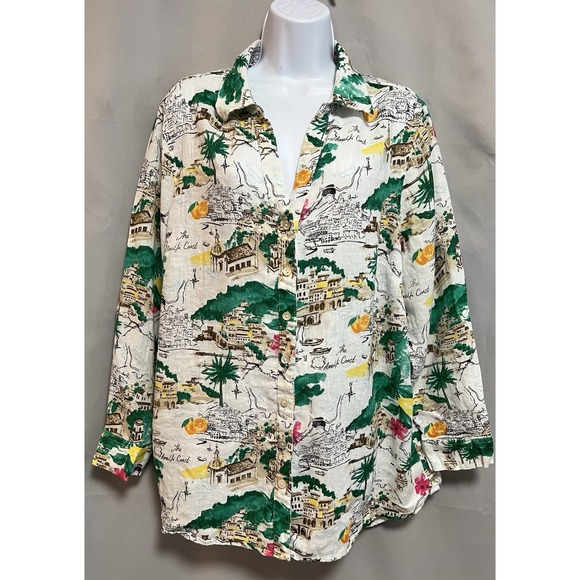 Cynthia Rowley Tops - Cynthia Rowley Womens Plus 1X Blouse Shirt‎ Amalfi Coast 100% Linen Rolled Cuff